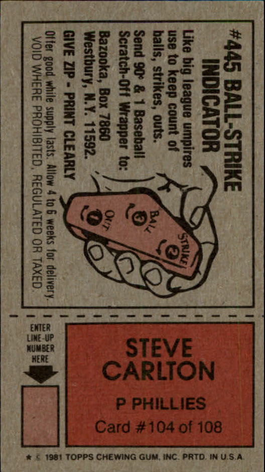 1981 Topps Scratchoffs #104a Steve Carlton BSI back image