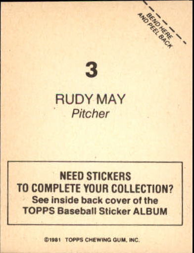 1981 Topps Stickers #3 Rudy May back image