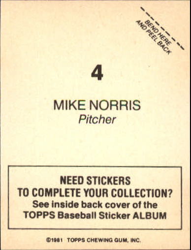 1981 Topps Stickers #4 Mike Norris back image