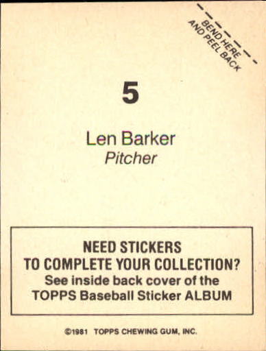 1981 Topps Stickers #5 Len Barker back image