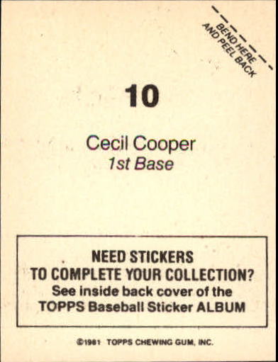 1981 Topps Stickers #10 Cecil Cooper back image