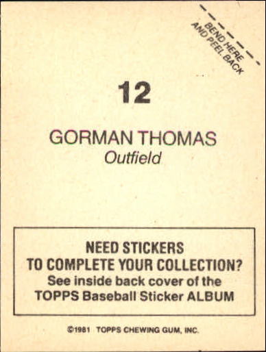 1981 Topps Stickers #12 Gorman Thomas back image