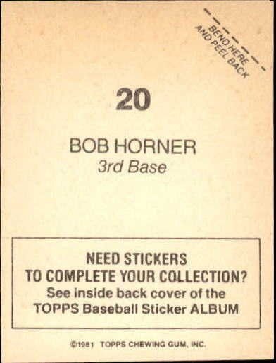 1981 Topps Stickers #20 Bob Horner back image