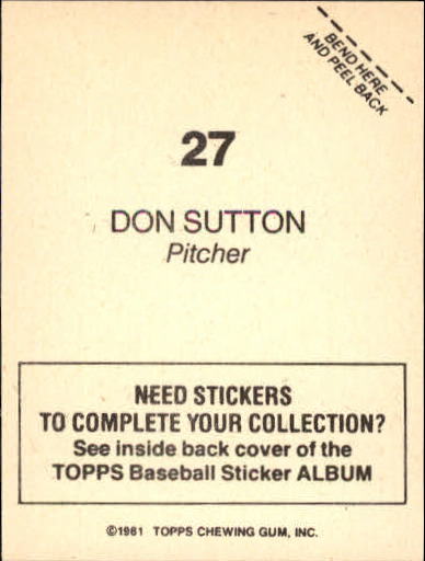 1981 Topps Stickers #27 Don Sutton back image