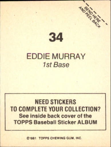1981 Topps Stickers #34 Eddie Murray back image