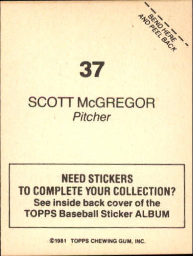 1981 Topps Stickers #37 Scott McGregor back image