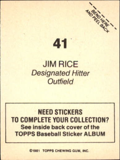 1981 Topps Stickers #41 Jim Rice back image