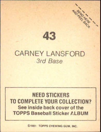 1981 Topps Stickers #43 Carney Lansford back image
