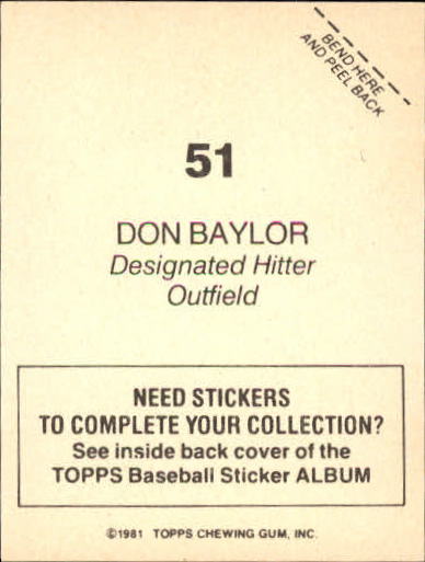 1981 Topps Stickers #51 Don Baylor back image