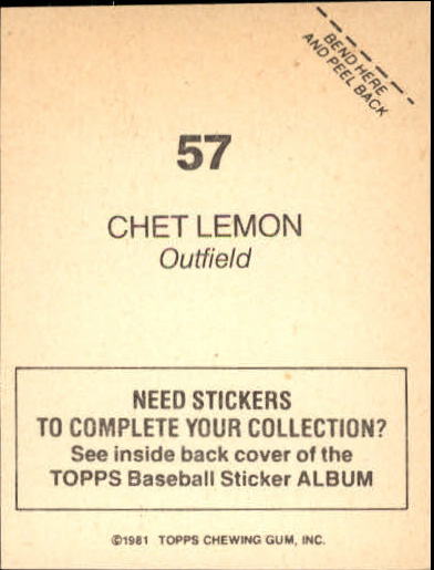 1981 Topps Stickers #57 Chet Lemon back image
