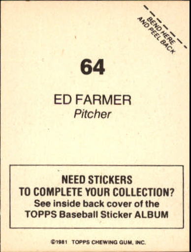 1981 Topps Stickers #64 Ed Farmer back image
