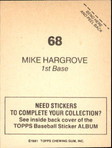1981 Topps Stickers #68 Mike Hargrove back image