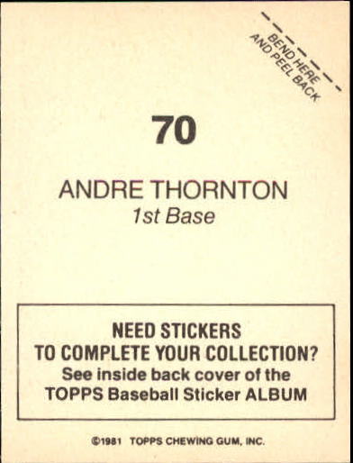 1981 Topps Stickers #70 Andre Thornton back image