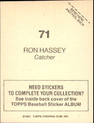 1981 Topps Stickers #71 Ron Hassey back image