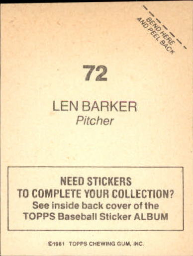 1981 Topps Stickers #72 Len Barker back image