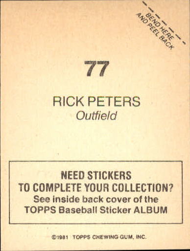 1981 Topps Stickers #77 Rick Peters back image