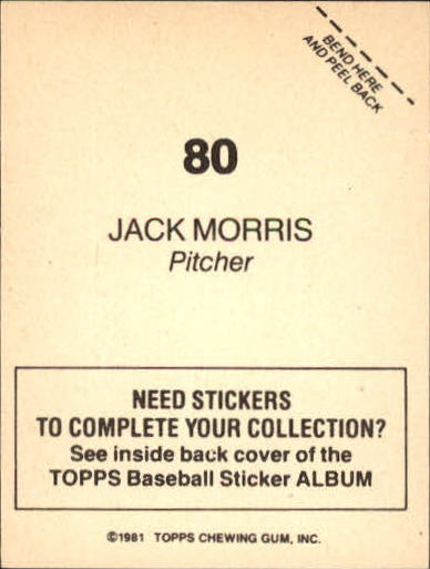 1981 Topps Stickers #80 Jack Morris back image