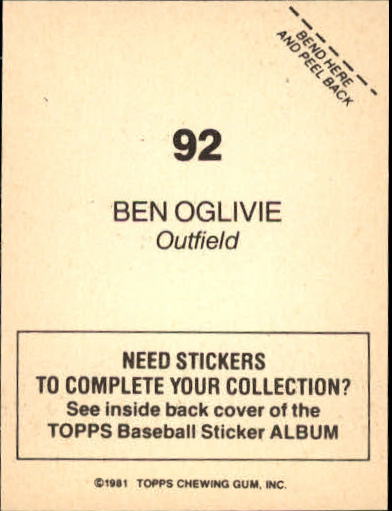 1981 Topps Stickers #92 Ben Oglivie back image