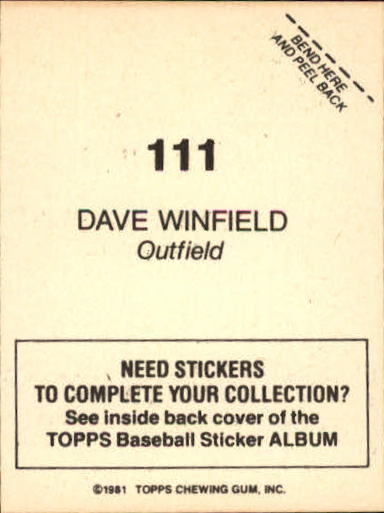 1981 Topps Stickers #111 Dave Winfield back image