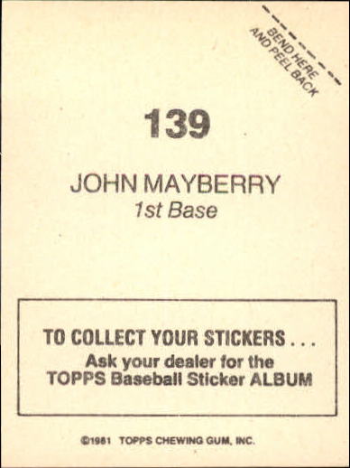 1981 Topps Stickers #139 John Mayberry back image