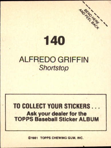 1981 Topps Stickers #140 Alfredo Griffin back image