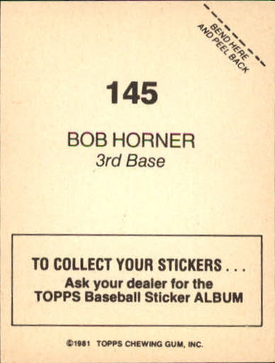 1981 Topps Stickers #145 Bob Horner back image