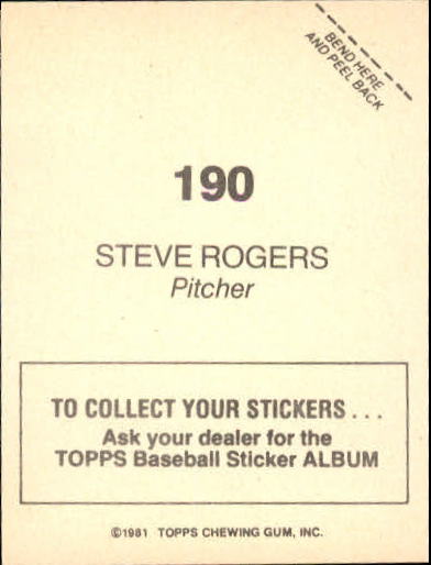 1981 Topps Stickers #190 Steve Rogers back image