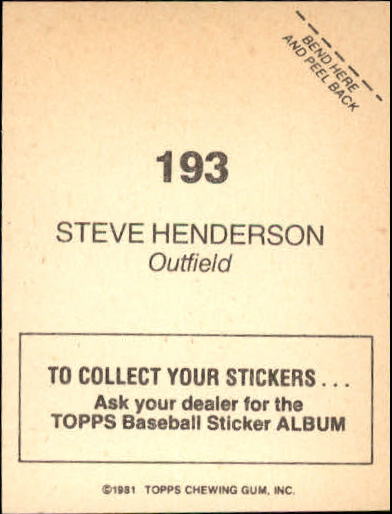 1981 Topps Stickers #193 Steve Henderson back image