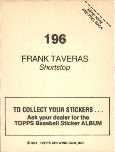1981 Topps Stickers #196 Frank Taveras back image