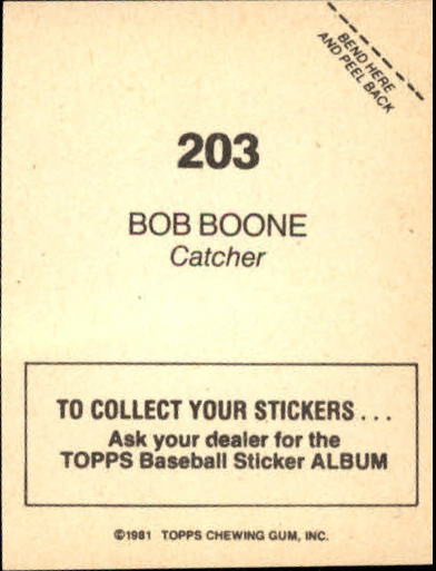 1981 Topps Stickers #203 Bob Boone back image
