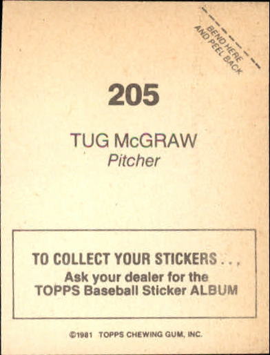 1981 Topps Stickers #205 Tug McGraw back image