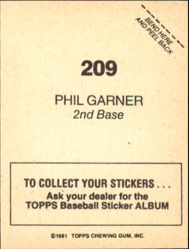 1981 Topps Stickers #209 Phil Garner back image