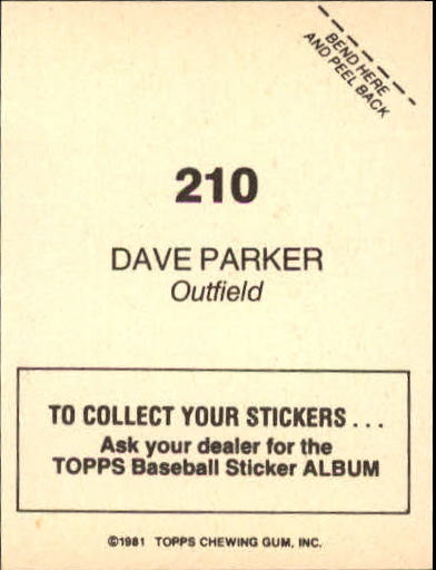 1981 Topps Stickers #210 Dave Parker back image