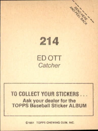 1981 Topps Stickers #214 Ed Ott back image