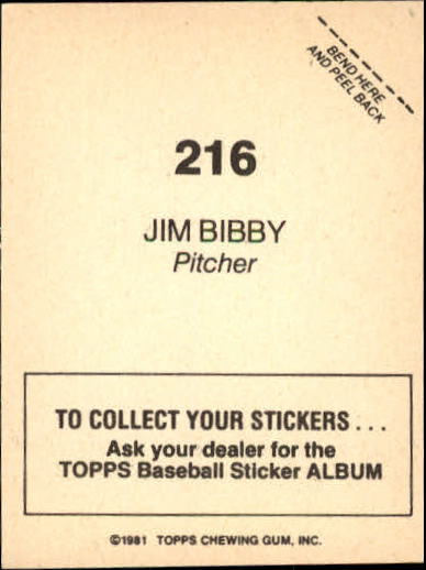 1981 Topps Stickers #216 Jim Bibby back image