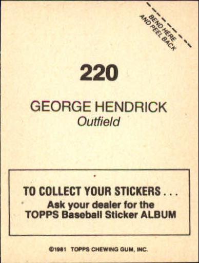 1981 Topps Stickers #220 George Hendrick back image