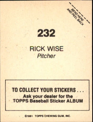1981 Topps Stickers #232 Rick Wise back image