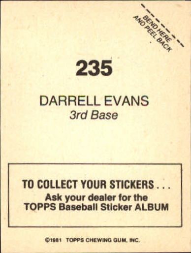 1981 Topps Stickers #235 Darrell Evans back image