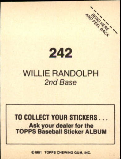 1981 Topps Stickers #242 Willie Randolph FOIL back image