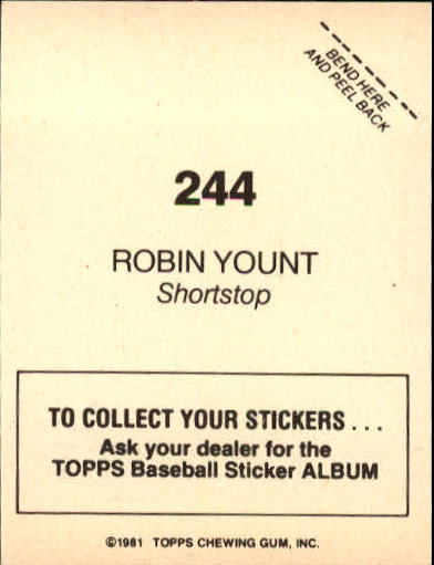 1981 Topps Stickers #244 Robin Yount FOIL back image