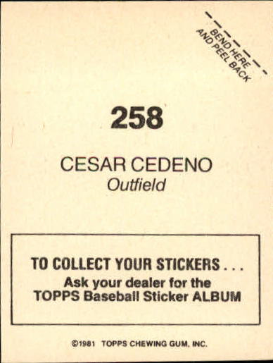 1981 Topps Stickers #258 Cesar Cedeno FOIL back image