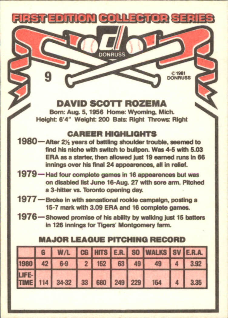 1981 Donruss #9 Dave Rozema back image