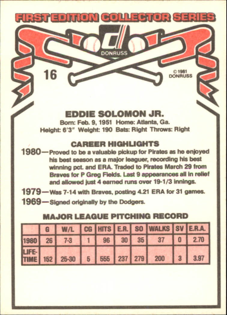 1981 Donruss #16 Eddie Solomon back image