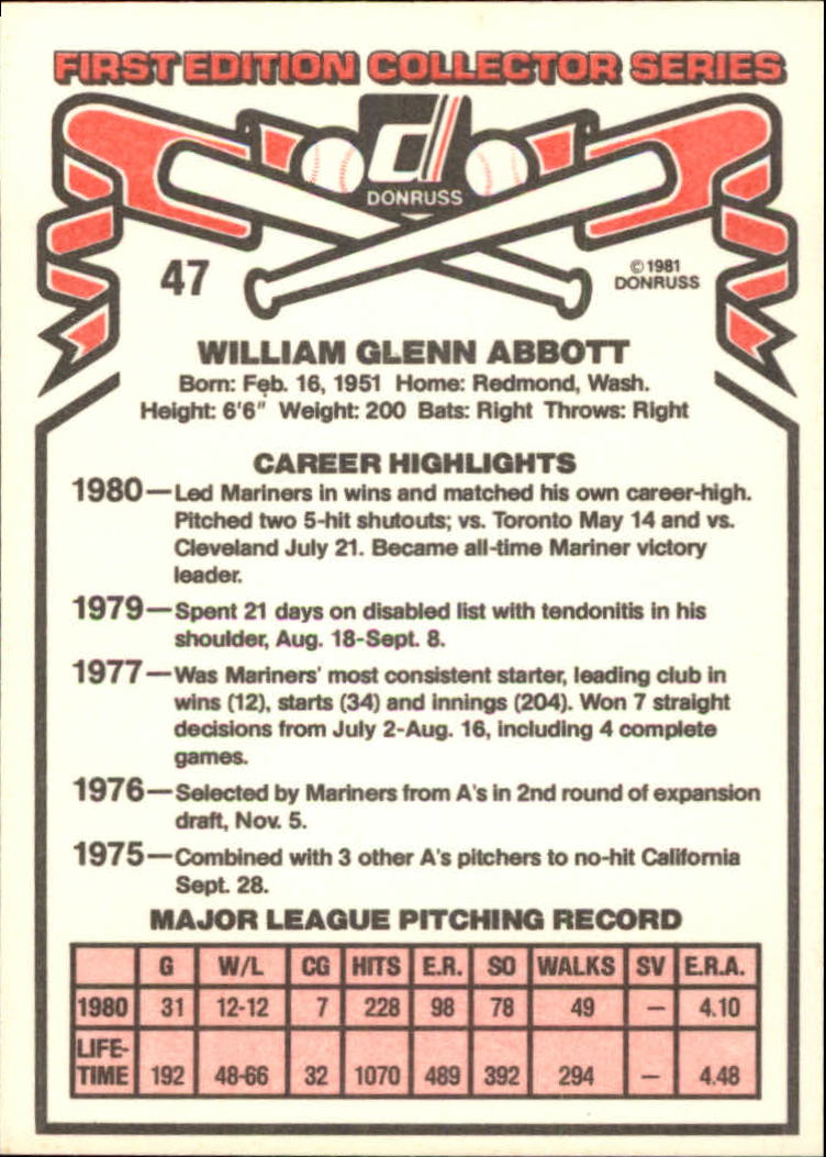 1981 Donruss #47 Glenn Abbott back image