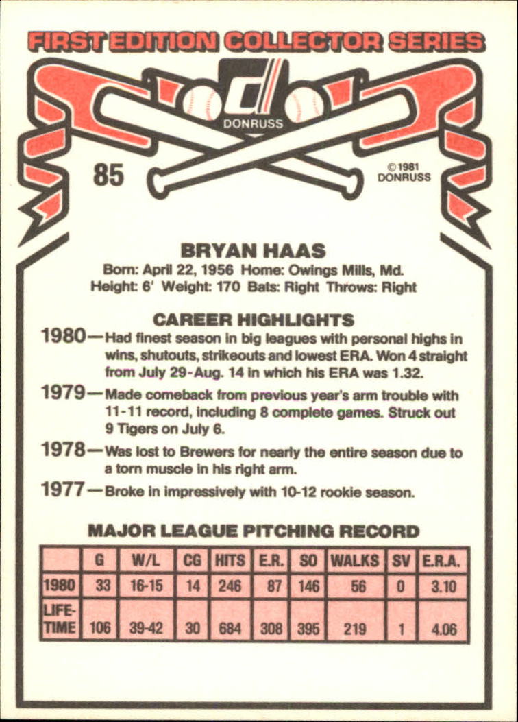 1981 Donruss #85 Moose Haas back image