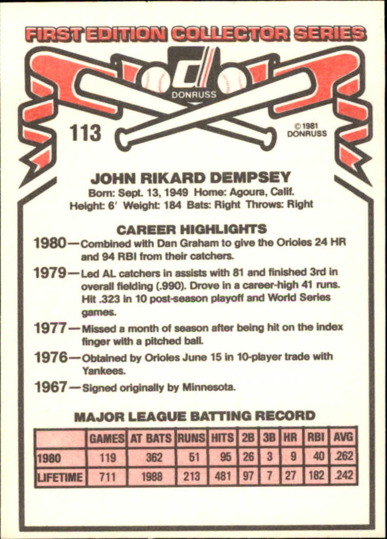 1981 Donruss #113 Rick Dempsey back image