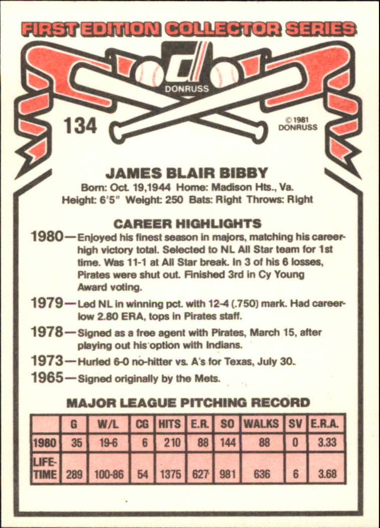 1981 Donruss #134 Jim Bibby back image