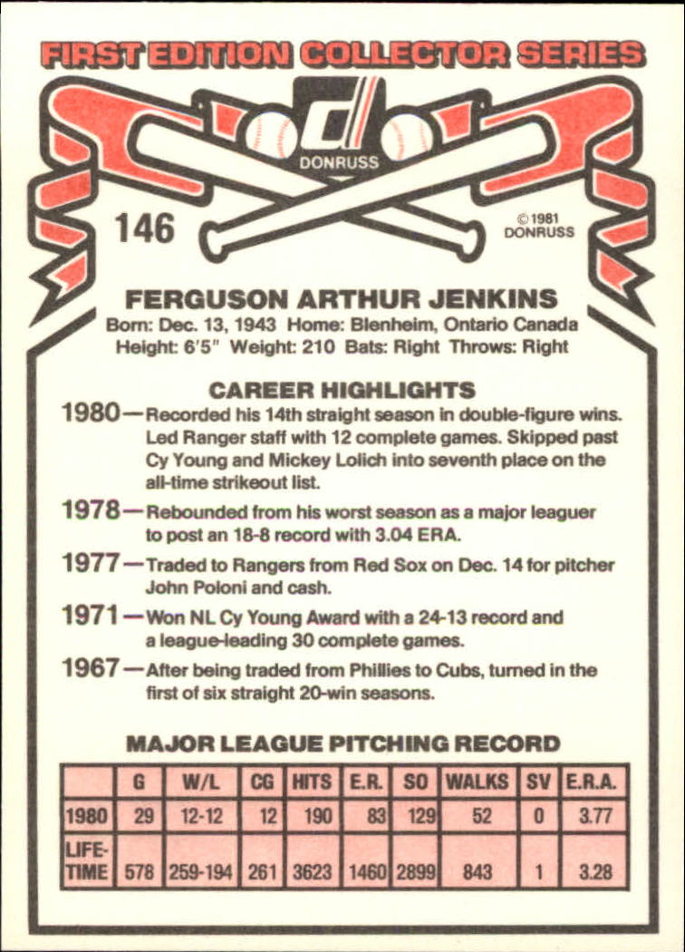 1981 Donruss #146 Fergie Jenkins back image