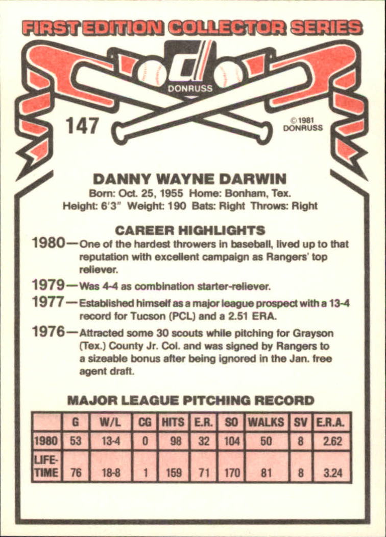 1981 Donruss #147 Dannny Darwin back image