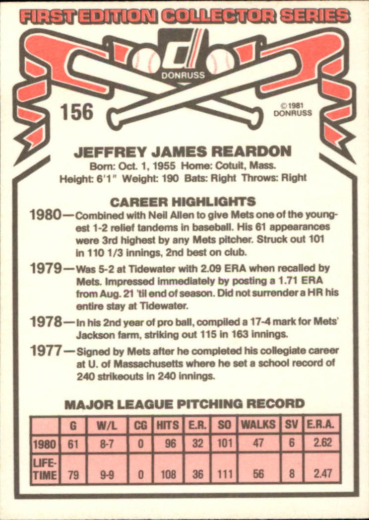 1981 Donruss #156 Jeff Reardon RC back image